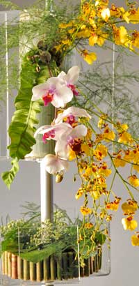 orchid floral display on metal stand